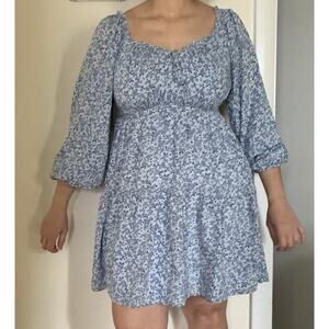 Old Naive Blue Floral Short A Line Long Sleeve Dress Princess Romantic Md